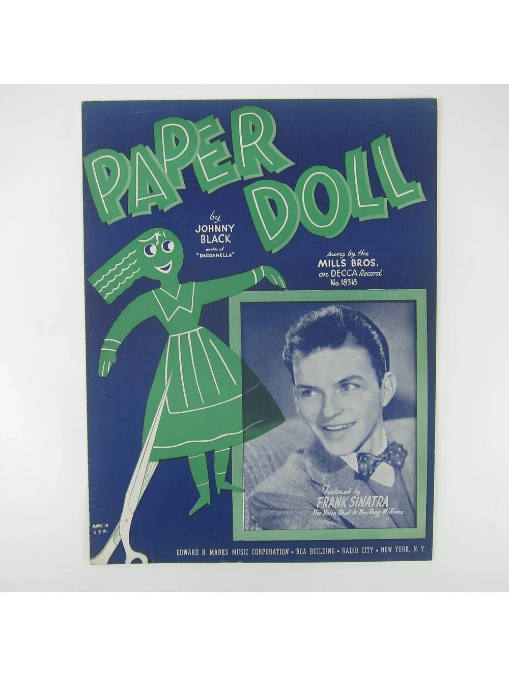 Sheet Music Paper Doll Frank Sinatra Johnny Black Vintage 1943